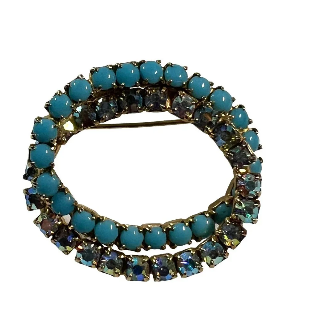 Vintage Brooch Gold‎ Tone Intertwined Circles Faux Turquoise Aurora Borealis Pin
